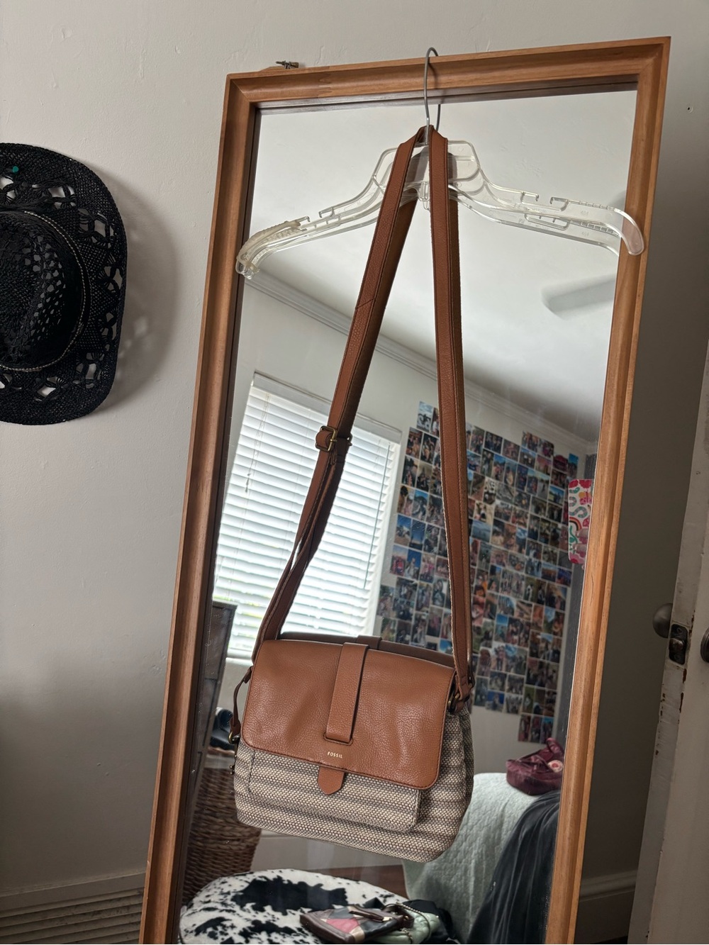 Fossil Brown Leather-Trim Woven Crossbody Bag